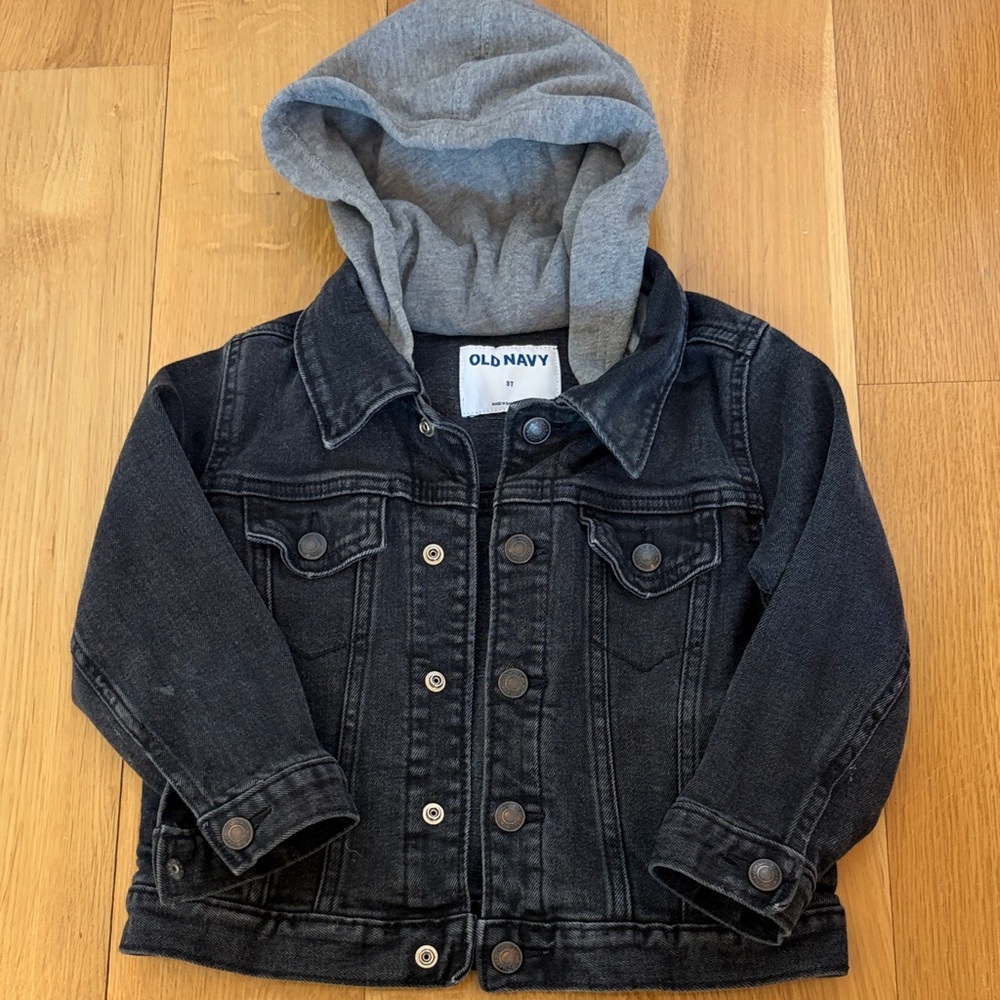 Old Navy Kids Black Denim Jacket with Gray Sweatshirt Hood